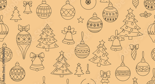 Holiday seamless pattern on a tan background contains festive Christmas trees, ornaments, and bells in a simple line drawing style.