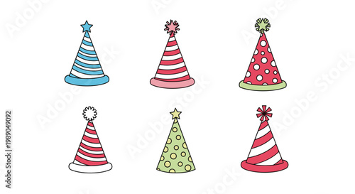 Set of six colorful cone-shaped party hats with various patterns like stripes and dots for birthdays and festive celebrations.