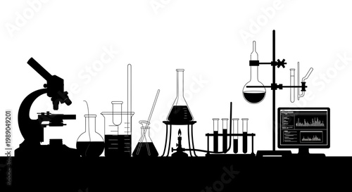 Science Laboratory Equipment Silhouette: Microscope, Beakers, Test Tubes, Computer