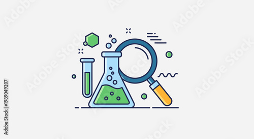 Science Research Laboratory Equipment, Magnifying Glass and Flask