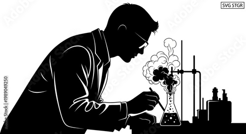 Scientist Conducting Chemical Experiment with Bubbling Flask