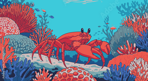Red crabs on coral reef underwater.