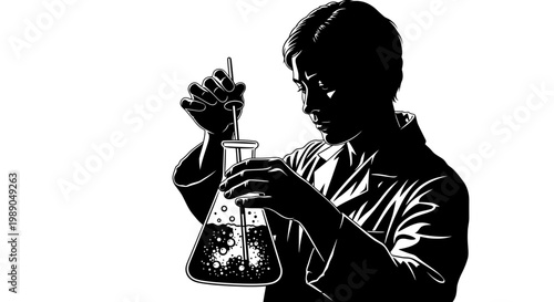 Scientist conducting experiment in laboratory with flask and stirring rod