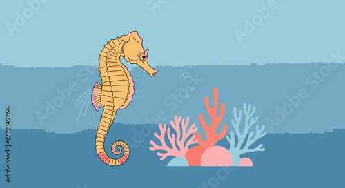 Seahorse Swimming Near Coral Reef.