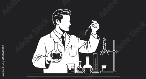 Scientist Conducting Experiment in Laboratory with Flasks and Equipment