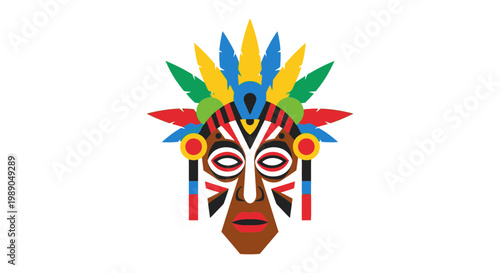 Vibrant Tribal Mask with Colorful Feathers.