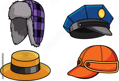 Professional worker hats including fbi police and captain caps vector
