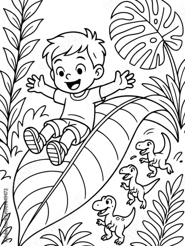 Playful Expedition: A young explorer joyfully slides down a giant leaf, his adventure unfolding amidst friendly dinosaur companions in a vibrant, playful illustration.