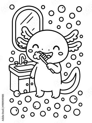 Axolotl's Morning Routine: An adorable axolotl is engaged in its morning routine, happily brushing its teeth in front of a mirror, showcasing a charming, everyday moment.