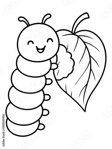 Smiling Caterpillar and Leaf: A cheerful cartoon caterpillar happily munches on a large green leaf, rendered in a simple and clean style.