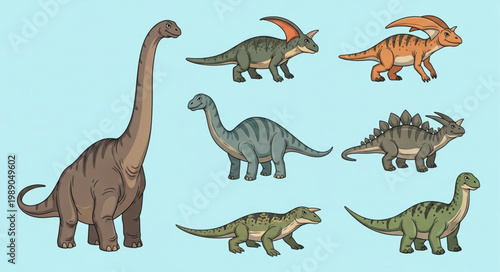 Collection of various prehistoric dinosaur species illustrated on a light blue background.