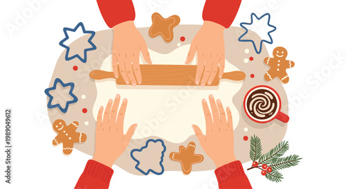 Top view of human hands using a wooden rolling pin to roll dough on a table surrounded by gingerbread cookies and a cup of hot cocoa.