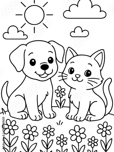 Friends in Bloom: A heartwarming scene unfolds with a playful pup and a charming kitten sitting amidst a vibrant array of blooming flowers, with the sun shining and clouds floating above.