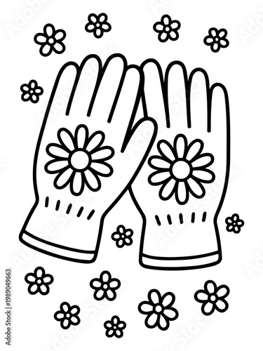 Garden Gloves Amidst Blooms: Whimsical garden gloves adorned with intricate floral designs lie surrounded by a scattering of delicate blossoms, suggesting a connection between hands and nature