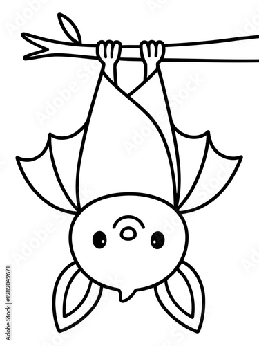 Hanging Bat Outline: A cute bat in the style of a cartoon hangs upside down from a tree branch, creating a playful and lighthearted scene.