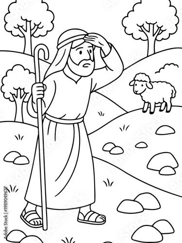 Shepherd's Journey: A devoted shepherd, staff in hand, searches for his lost lamb, representing care, faith, and the values of compassion.