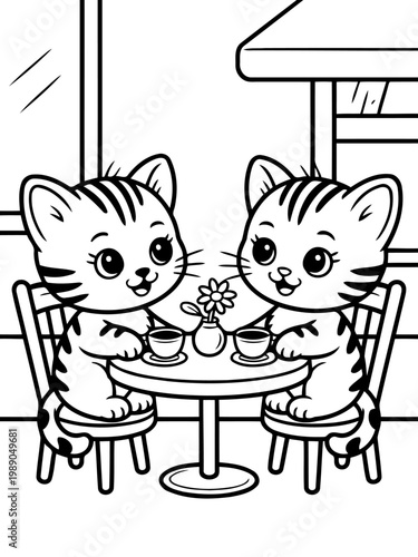 Caffeinated Cats: Two adorable cartoon cats enjoy a cozy cafe experience, complete with coffee cups and a charming table setting.