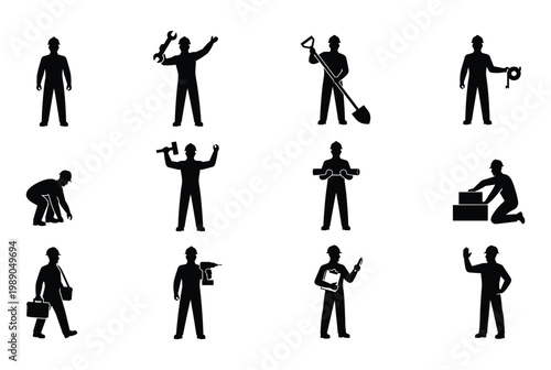 Diverse set of construction worker silhouettes illustrating various labor tasks and tradesmen with essential tools and safety gear