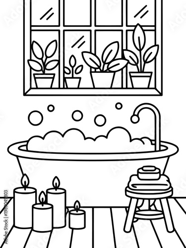 Serene Bath Time Illustration: A cozy illustration of a tranquil bathroom scene, complete with a bubbly bathtub, flickering candles, and potted plants.