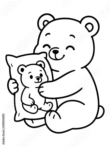 Sweet Bear's Embrace: An adorable bear cuddles a pillow featuring a smaller bear, capturing a sense of comfort and affection with a charming simplicity.