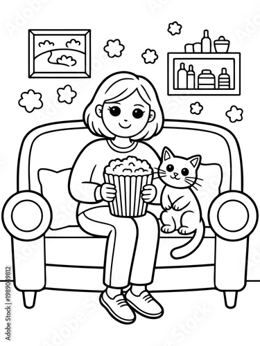 Cozy Night In: A person cuddles up on the sofa with a cute cat, enjoying a bucket of popcorn, creating a perfect cozy evening.