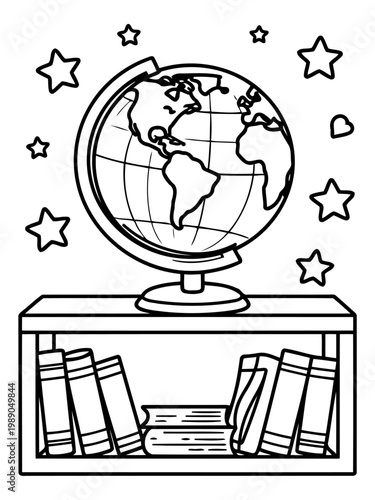 Globe and Bookshelf: A hand-drawn illustration depicting a globe resting atop a bookshelf filled with books, accompanied by stars. Capturing a sense of learning and exploration.