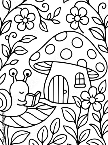 Whimsical Woodland Reader: A charming illustration depicts a serene scene of a snail engrossed in a book, nestled amidst a fanciful mushroom house and blossoming flora. A celebration of imagination.