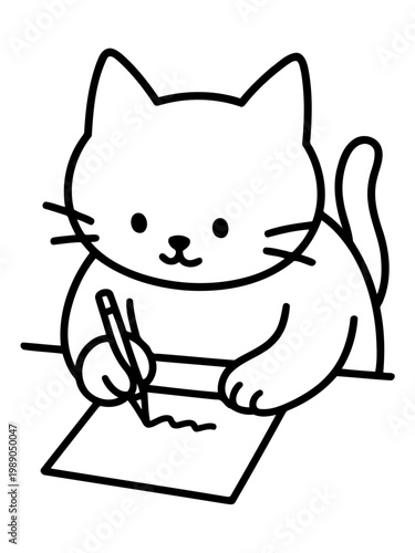 Whimsical Cat's Creative Endeavor: A charming animated cat sits, diligently sketching or writing with a pencil on a piece of paper, showcasing a cute, artistic talent.