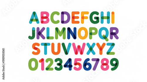 A collection of colorful english alphabet letters and numbers from zero to nine arranged in rows on a plain white background, featuring a rounded sans-serif font style with overlapping transparency