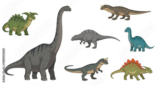 Collection of various dinosaur species illustration.