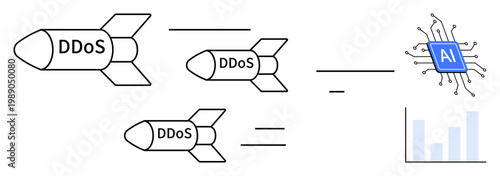 Cybersecurity, technology threats, DDoS attacks, AI protection, data defense, digital monitoring. Illustration of DDoS missiles targeting AI chip and analytics chart. Cybersecurity and technology