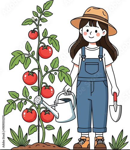 happy girl in overalls watering a tomato plant with a can and shovel