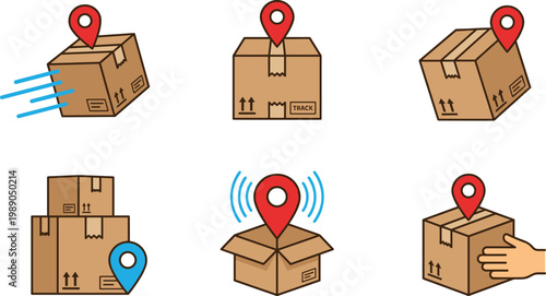 Delivery Package and Shipping Box Icon Set with Location Pins, Tracking Symbols, and Courier Service Concepts for Logistics, E Commerce, and Supply Chain Designs