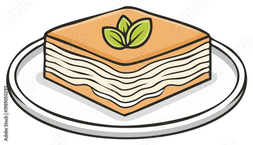 Appetizing cartoon slice of traditional Italian lasagna with layered pasta and fresh basil on a plate