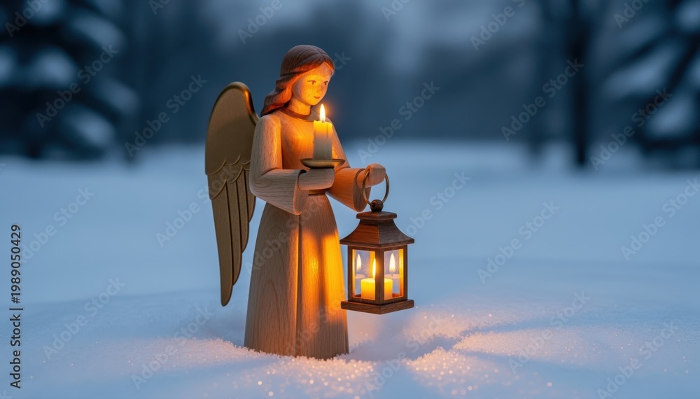 Naklejka premium Angel Amidst Winter's Embrace: A serene angel figure, gently illuminated by a flickering candle and lantern, stands peacefully in a snowy landscape.