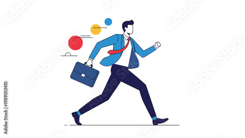 Successful businessman running fast with a briefcase towards his career goals on a clean white background with art.
