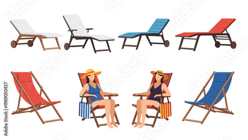 Collection of beach chairs and women sunbathing under the summer sun in hats for holiday leisure and relaxation.