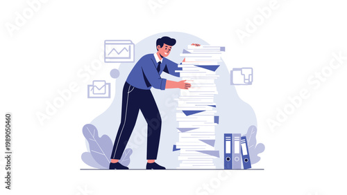 Stressed office worker trying to manage a huge stack of paper documents and folders in a busy corporate workplace.