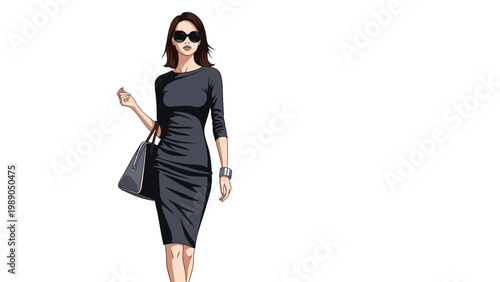 Elegant fashion woman in a black dress walking confidently with a designer handbag on a white background scene.