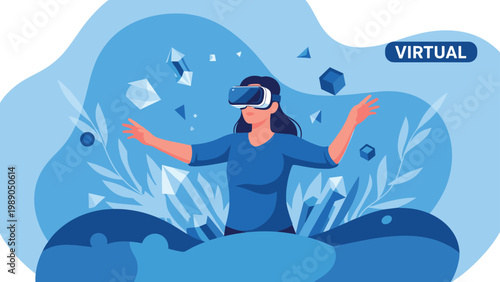 Young woman experiencing virtual reality using a VR headset on a blue abstract background with geometric shapes.