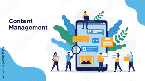 Team of people managing digital content on a large smartphone screen for social media and marketing strategy.