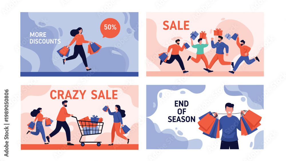 Fototapeta premium Set of promotional sale banners with happy people carrying shopping bags and carts for retail marketing ads.