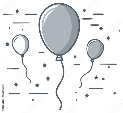 Festive Balloons Floating with Stars and Confetti Line Art