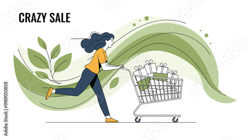 Energetic young woman running with a shopping cart overflowing with gift boxes during a seasonal crazy sale event on a green background.