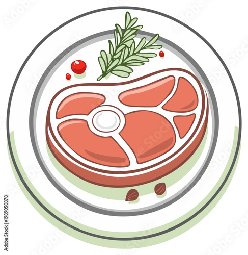 Raw Steak on a Plate with Rosemary and Peppercorns