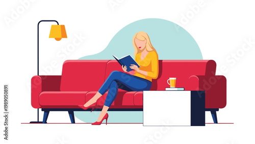 Elegant blonde woman relaxing on a comfortable red sofa while reading an interesting book in a modern and cozy living room interior design setting.