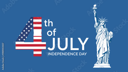 Patriotic 4th of July independence day celebration design featuring the number four with American flag pattern and the iconic Statue of Liberty statue.