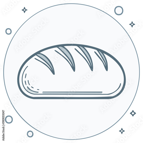 Stylized line art icon of a fresh bread loaf inside a decorative circular frame