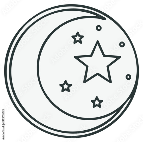 Stylized crescent moon design with stars and circles icon in outline or line drawing style isolated for designs