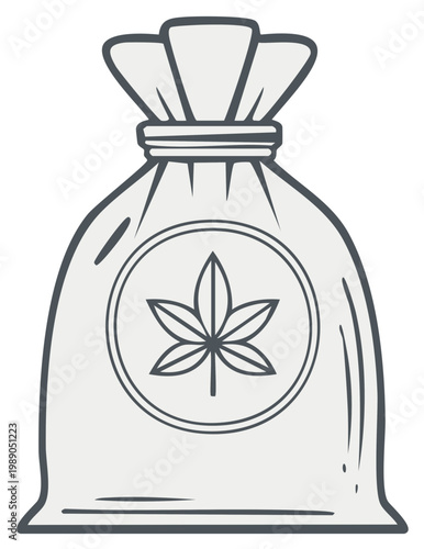 Stylized illustration of a hemp leaf symbol on a drawstring bag